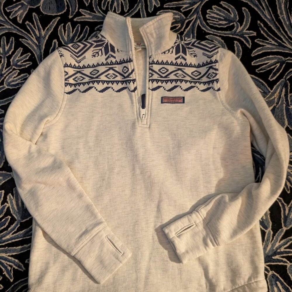 Vineyard Vines Women’s XS Dreamcloth Fair Isle 1/2 Zip Sweatshirt Ivory/ Gray